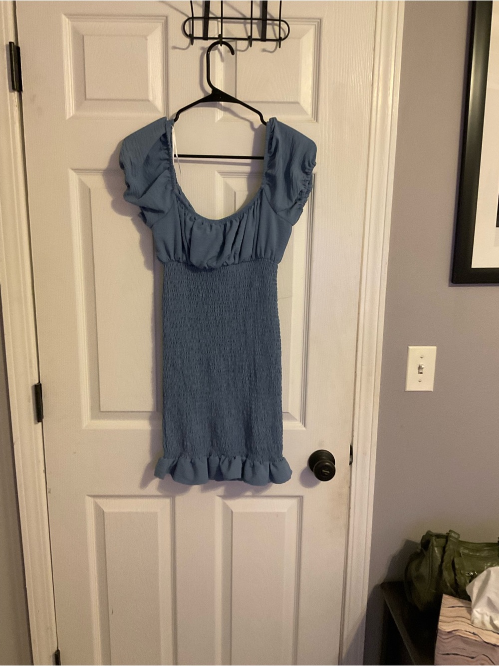 T.J.Maxx Dusty Blue Smocked Mini Dress with Ruffle Hem -